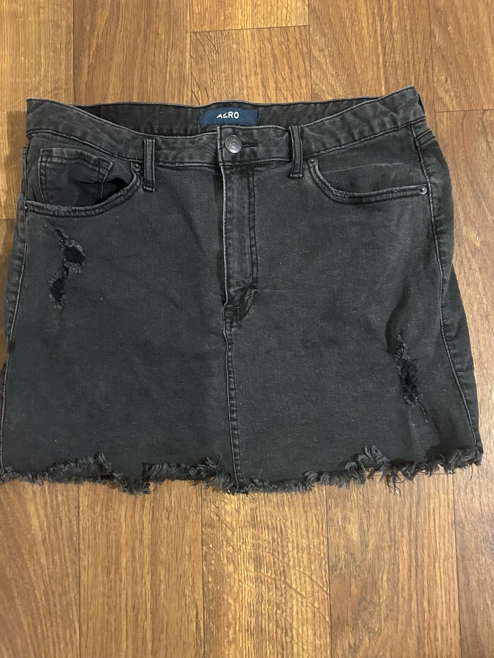 AERO Black Distressed Denim Mini Skirt size 14 high rise